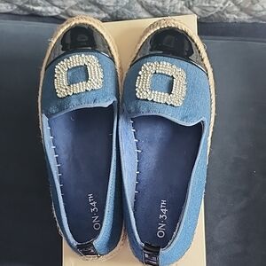 On 34th Blue Denim/Black Patent Espadrille Slip-ons